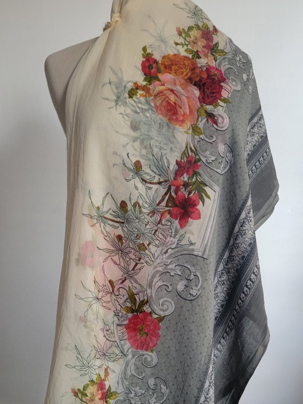 Lightweight Sheer Floral Scarf | Cream & Grey | Oversized Wrap